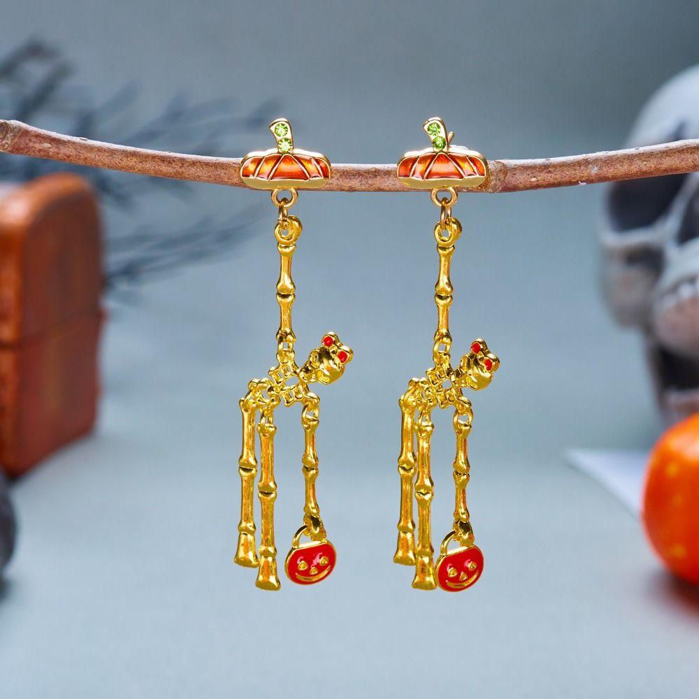 Crystal Pumpkin Ear Studs Zircon Long Tassel Drop Earrings Punk Halloween Skull Earrings  Party