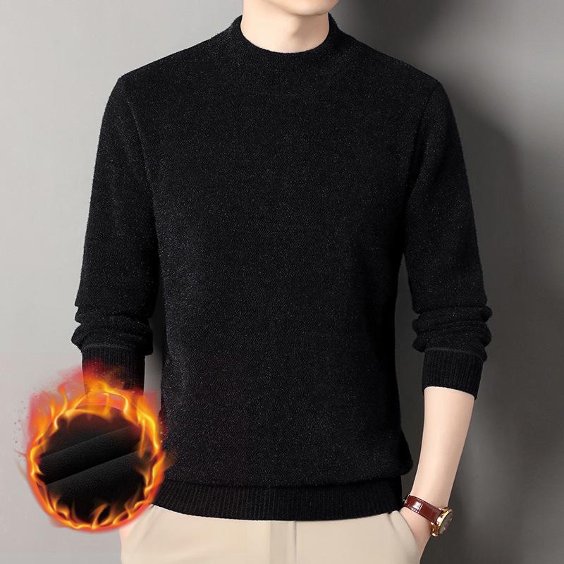 Men's Thick Plush High Neck Sweater - Pure Color Knit for Winter Warmth