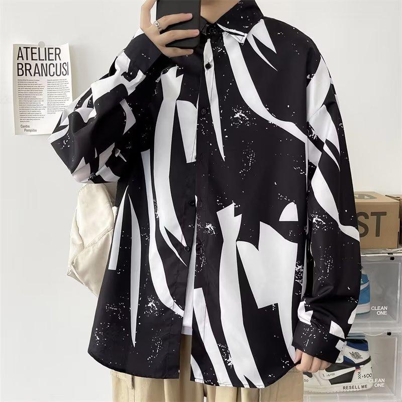 Autumn Retro Buckle New Chinese Style Stand Collar Shirt Men's Niche Graffiti Printing Design Sense Ruan Handsome Top
