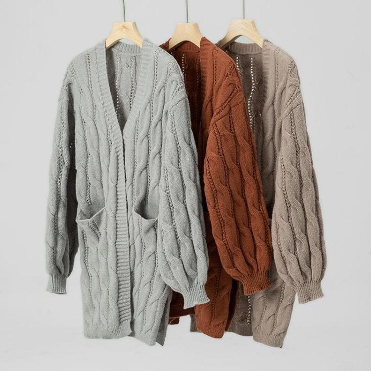 V-Neck Long Sleeve Solid Color Vintage Cardigan Loose Sweater Knitwear Autumn Winter