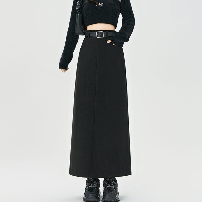 Women's High-Waist Woolen Midi Skirt - Slimming Bodycon with Slit for Autumn/Winter