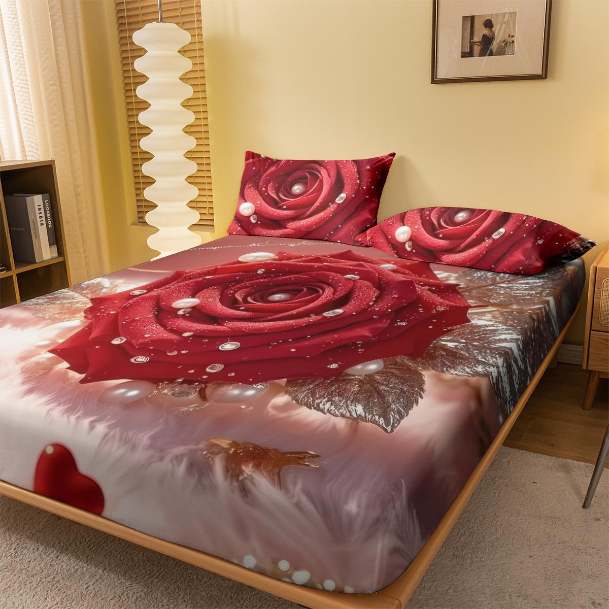 

1 Simple modern Plant Flower Red Rose digital printed frosted Fitted Sheet,bedroom printed bed cover,bedding(No pillowcase) 71x132cm