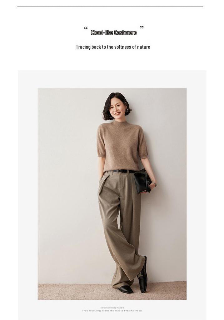 2024 Women's Cashmere Knit Sweater: Short-Sleeve, Half-High Neck, Base Layer