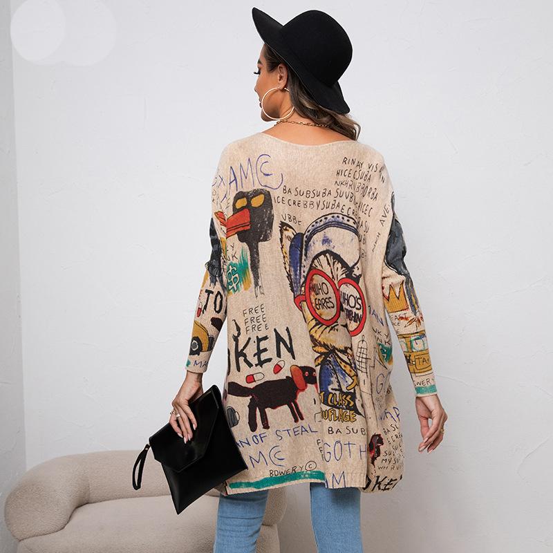 Herbst Damen Strickwaren Übergröße Cartoon Bedruckter Pullover Langarm Casual Pullover Loses Hemd Top