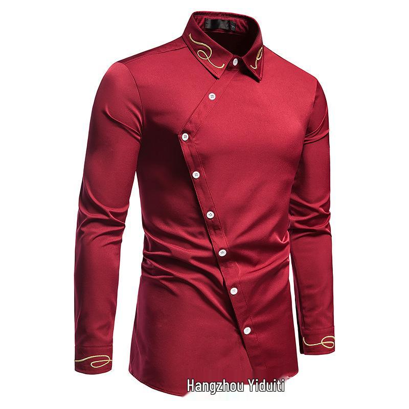 

European Hollow-Out Asymmetrical Embroidered Men s Long Sleeve Western Shirt Large
