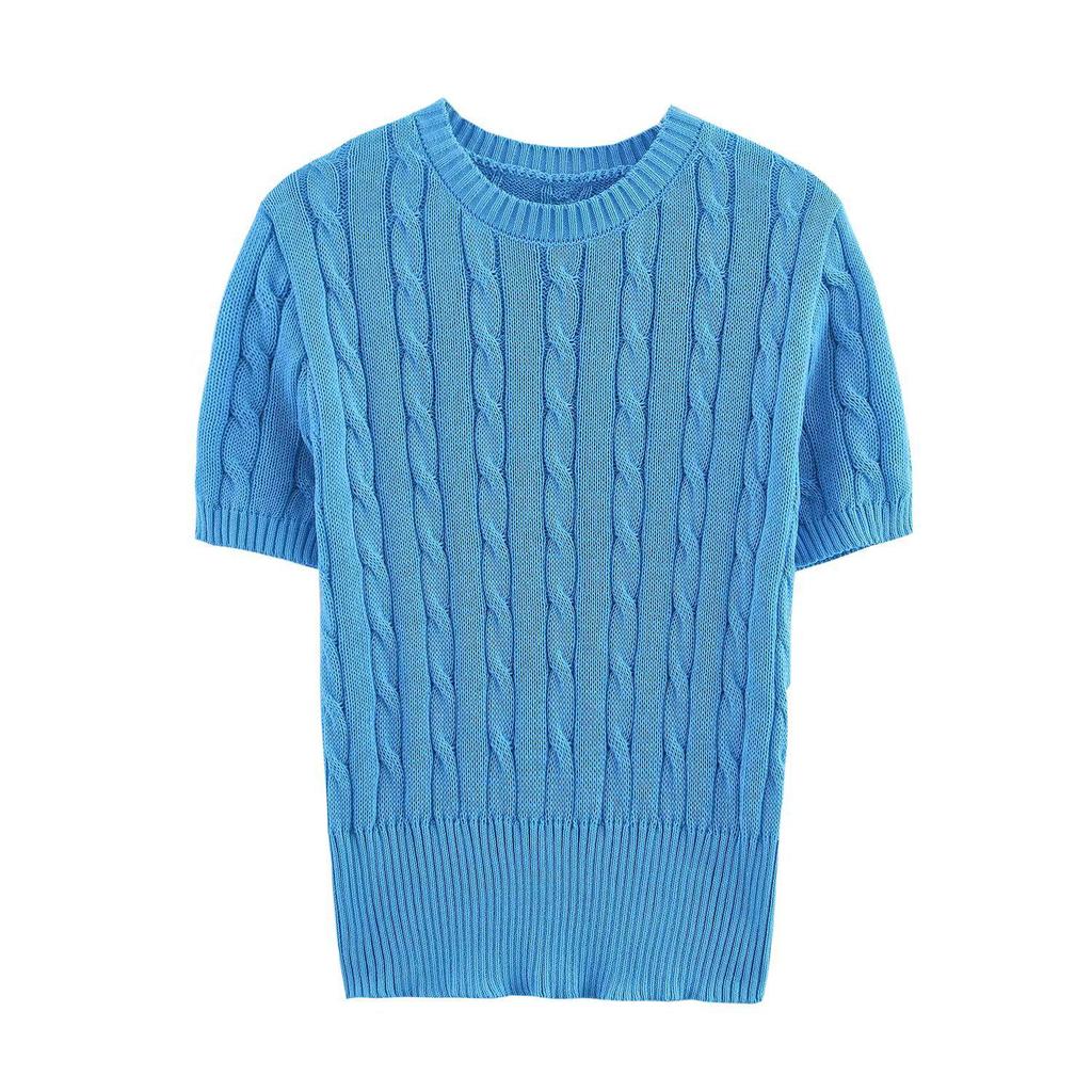 Spring 2025 Women's European-American Style Eight-Strand Braid Knit Top - Slimming, Short Sleeve, Round Neck