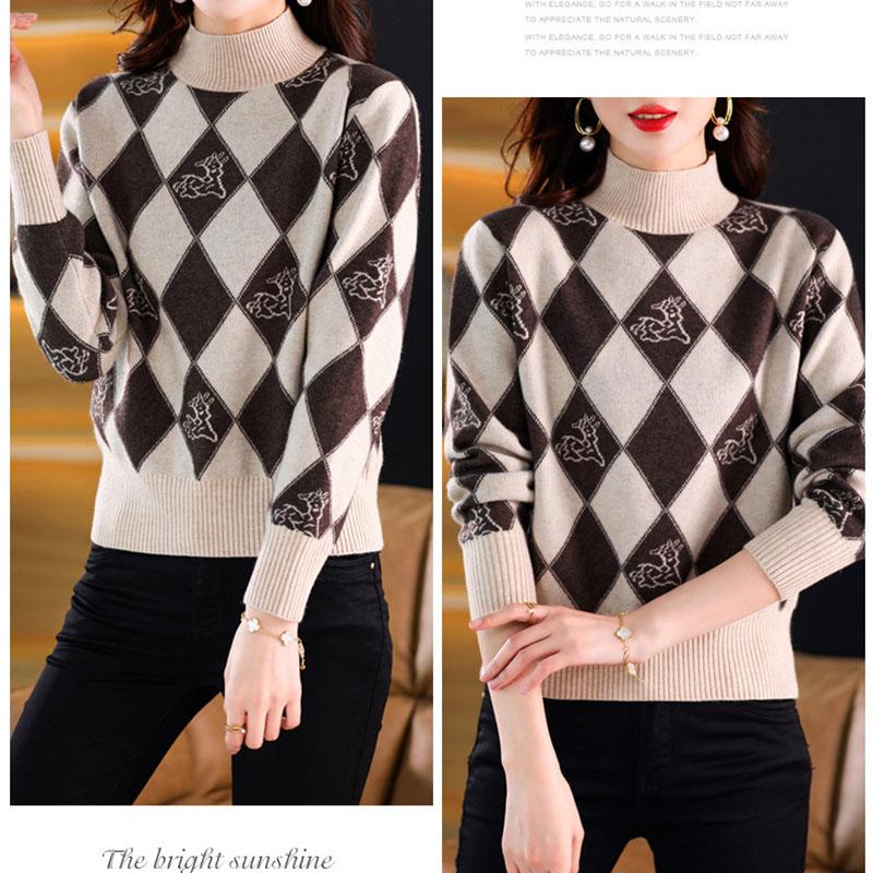 Fall/Winter Vintage Jacquard Sweater Women High Neck Knit Sweater Short Thick Loose Print Knitwear Top Jumper