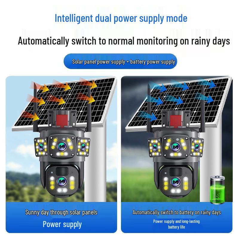 Three-Screen Solar-Powered Waterproof Outdoor Camera with 360° Panoramic View and Humanoid Detection