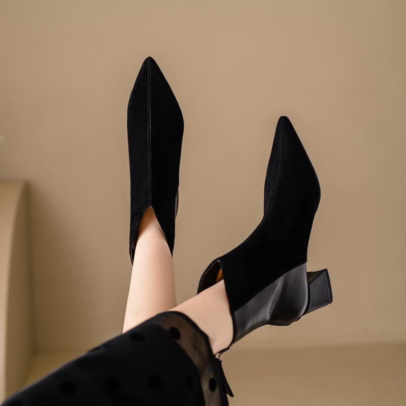 Fashion 2024 New Autumn Sheep Suede Women Boots Pointed Toe Chunky Heel Boots for Women Winter Short Boots Genuine Leather Ladies Shoes