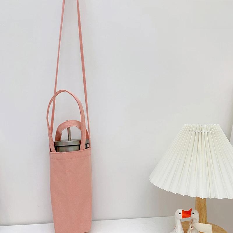 Travel Portable Water Bottle Bag Crossbody Simple Solid Color Cup Protector Canvas Protective Sleeve With Strap Bottles Pouch
