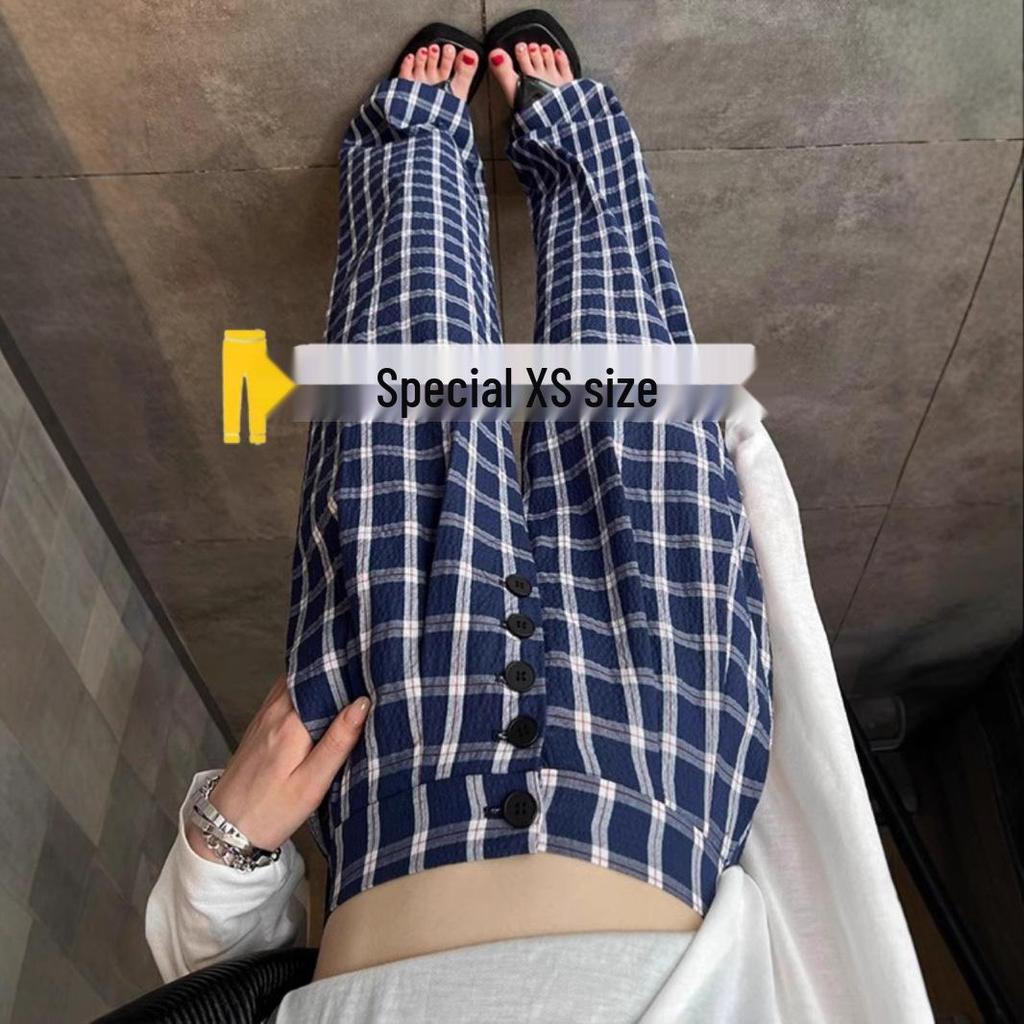 Women's Blue Retro Plaid Double-Breasted Wide-Leg Pants - Zhao Lusi Spring & Autumn Style
