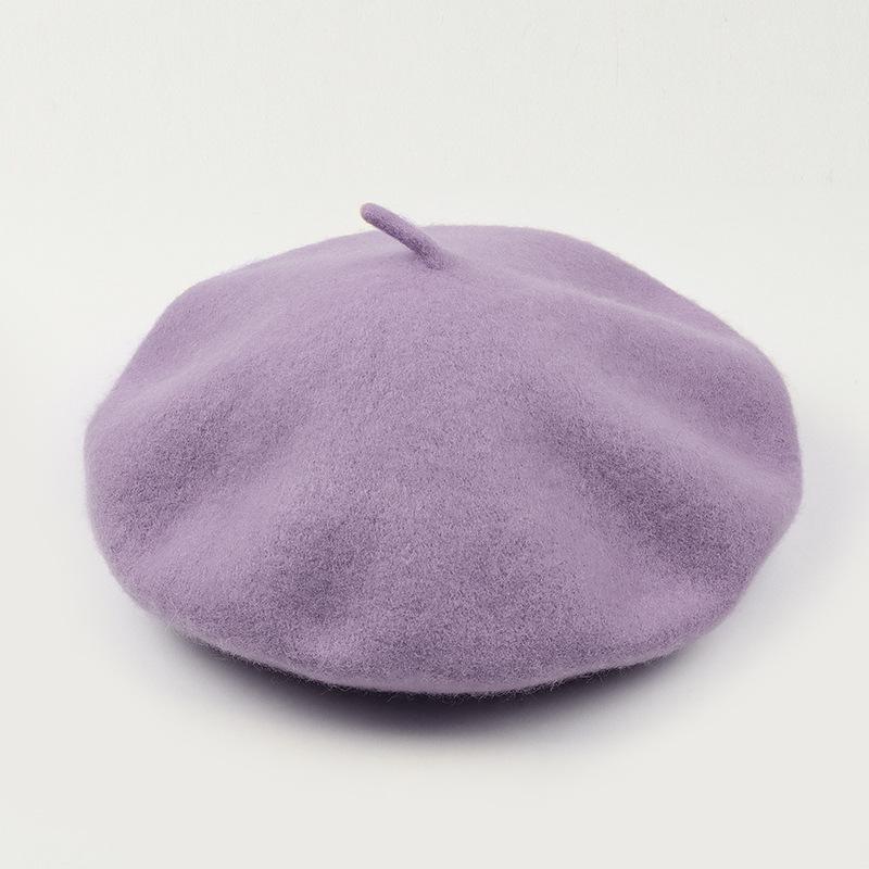 Dámský fialový vlněný baret: Klobouk se širokou krempou, Vintage britský, korejský a japonský styl pro podzim/zimu