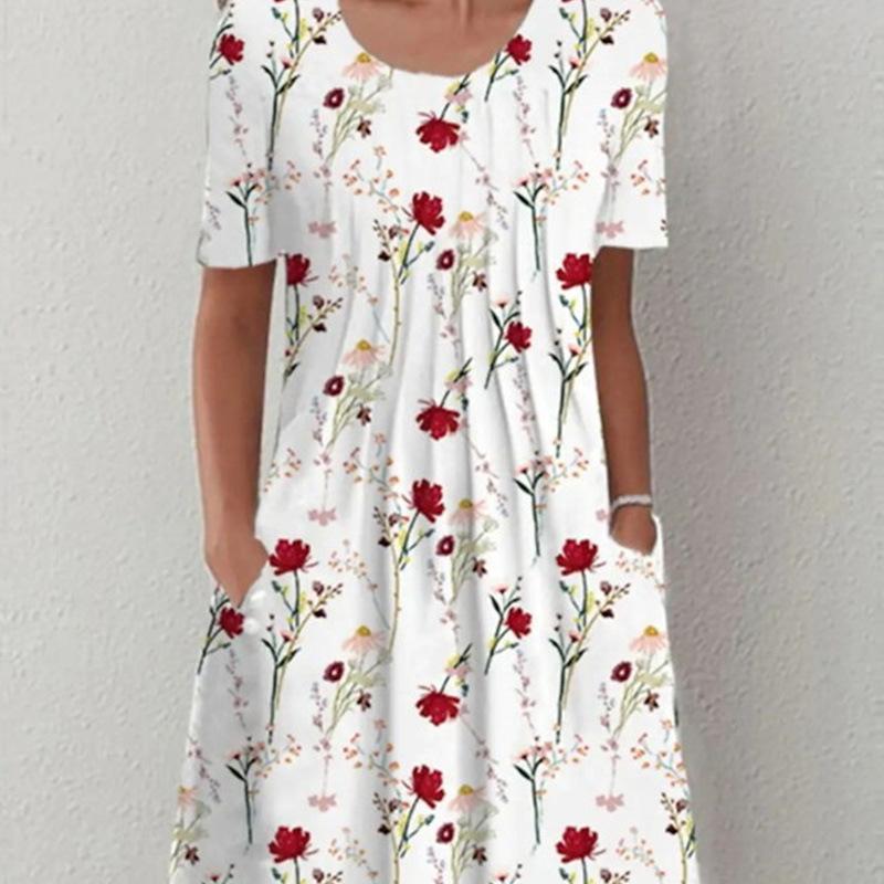Spring and Summer Floral Print Crew Neck Pocket Women's Fashion Casual Crew Neck Trend Print Medium and Long Dress
