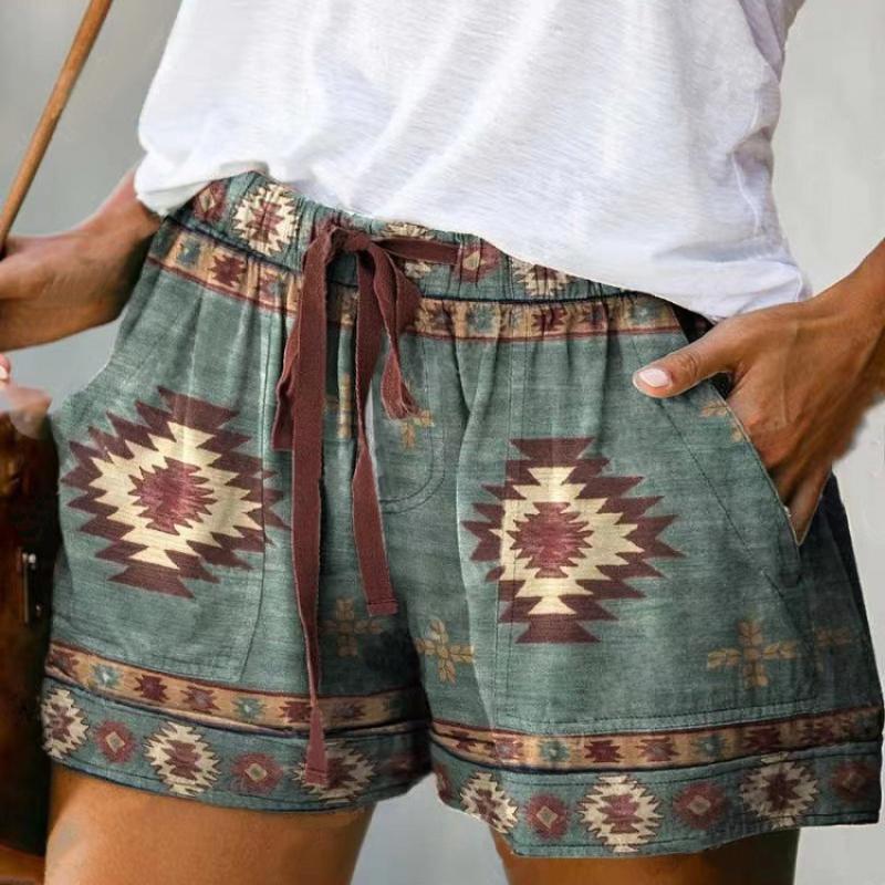Women's Summer Trendy  Elastic Shorts Waistband Sweat Absorbing Thin Retro Print Drawstring Loose Shorts