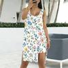 Women Plus Size Scoop Neck Sleeveless Ginkgo Leaf Printed Side Slit Tank Dress And Shorts Two Piece Set