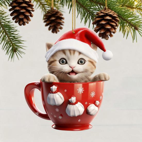 Christmas Pendant 2D Acrylic Cat Sitting Mug Charm Hanging Decor with Lanyard Holiday Party Decoration