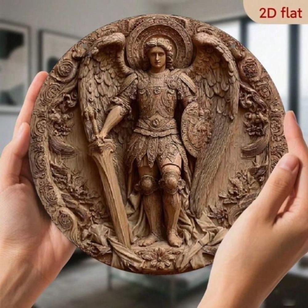 Metal Poster Archangel Michael Sword Armor Round 8x8 Inch Home Wall Art