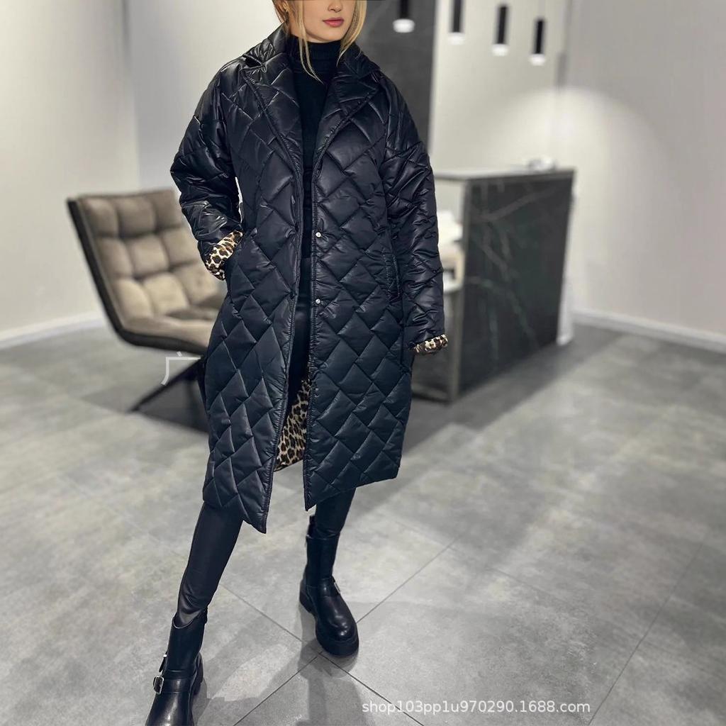 New Autumn and Winter Women's Clothing Shiny Casual Lapel Mid-length Diamond-patterned Cotton Coat