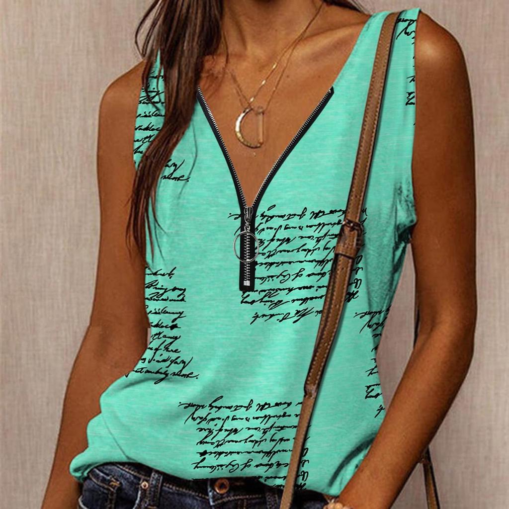 Women's  Fashion Summer New Print V-Neck Zipper Sleeveless Casual Tank Tops
