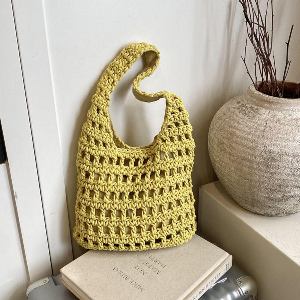 Sweet Korean Style Hollow Out Knitted Weave Bag Solid Color Vacation Style Crochet Tote Bag Handbag Braided Beach Bag Outdoor