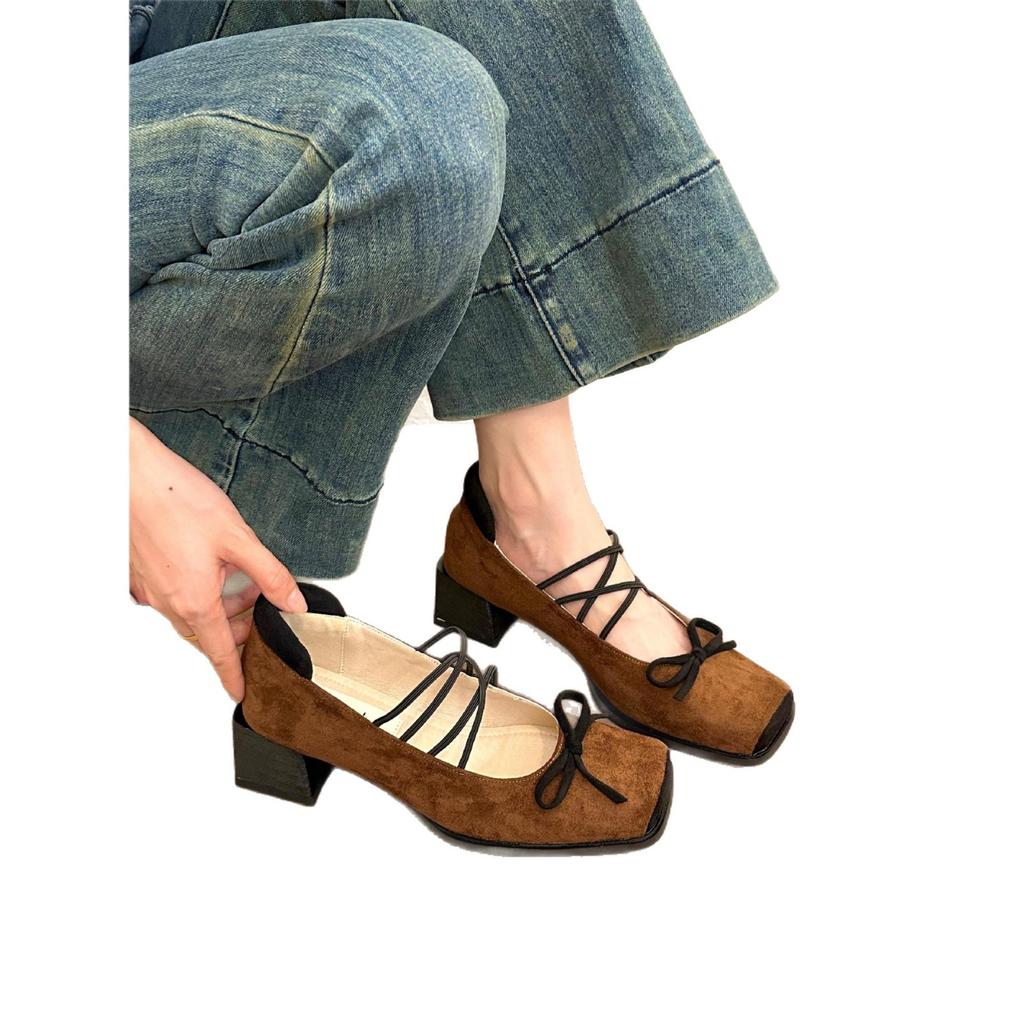 Tide Brand 2025 Korean Version Retro Suede Bow Evening Wind Mary Jane Shoes Spring and Autumn New Versatile Thick Heel Single Shoes Women