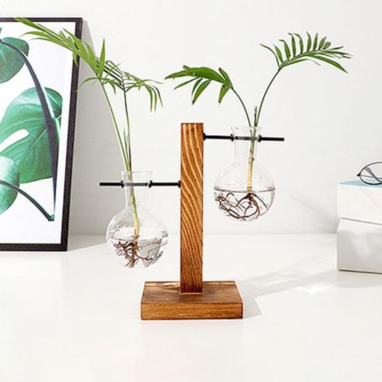Plant Propagation Station with 1/2 Glass Vases And Wood Stand Decorative Tabletop Terrarium Planter Clear Glass Hydroponic Vase for Office Garden Home