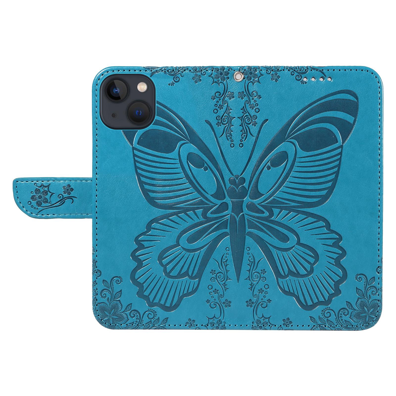 

For iPhone 14 Case Butterfly Pattern Leather Phone Cover with Wallet Stand Blue