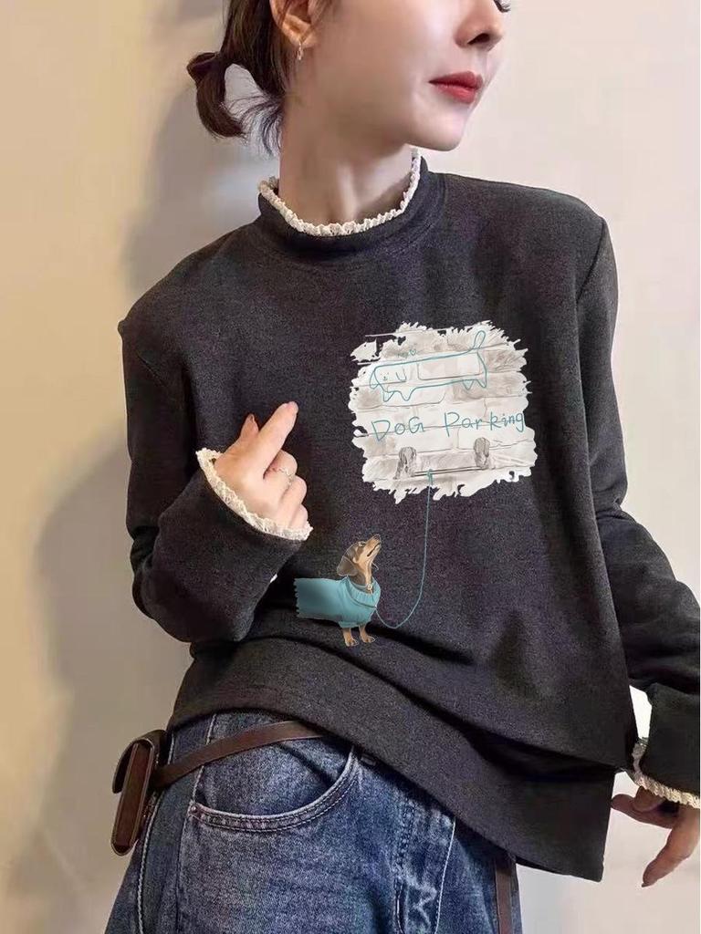 Women's German Velvet Lace Collar Long Sleeve T-Shirt - Autumn/Winter 2025 Edition