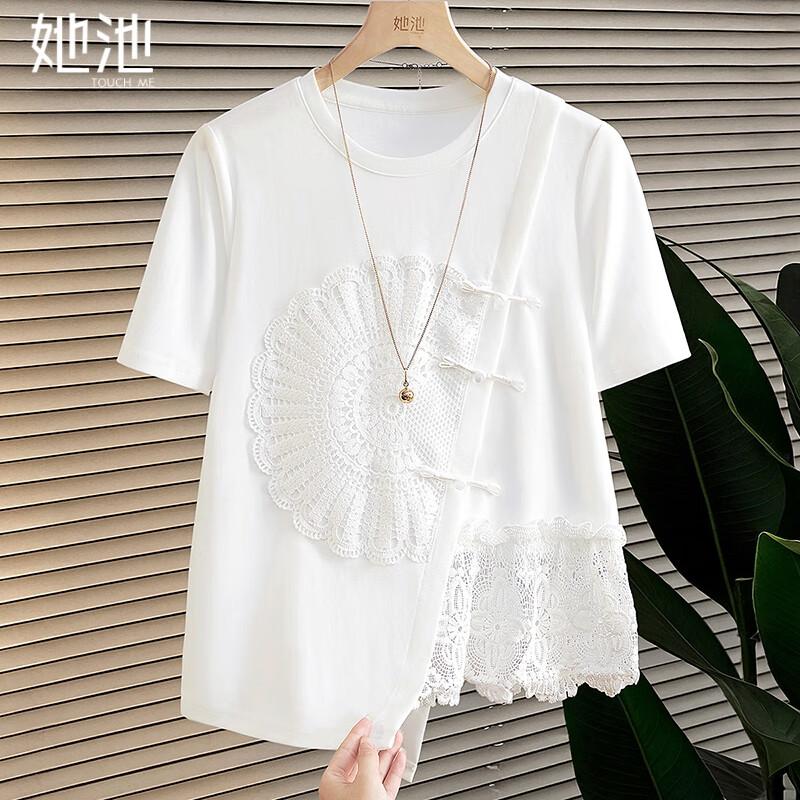 Women's Loose Fit Round Neck Lace Patchwork Short Sleeve T-Shirt