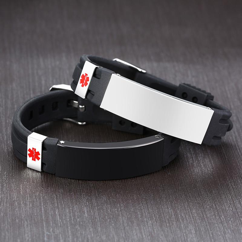 Vnox Gravure Personnalisée Gratuite Bracelet d'Identification Alerte Médicale 15mm pour Hommes Femmes Silicone Acier Inoxydable Bracelet de Montre Réglable