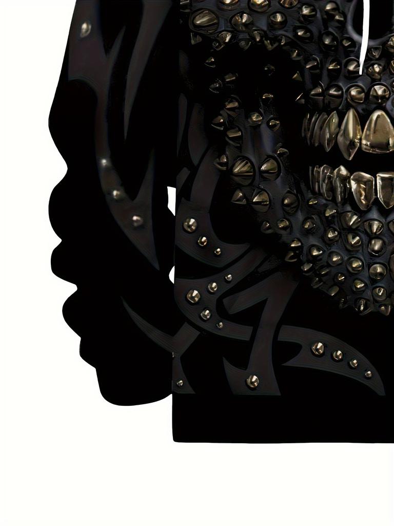 Men'S Stylish Hooded Sweatshirt, Unisex 3D Skull Print Hoodie - Black Streetwear Pullover with Drawstring, Made of Knit Fabric, Halloween-Themed