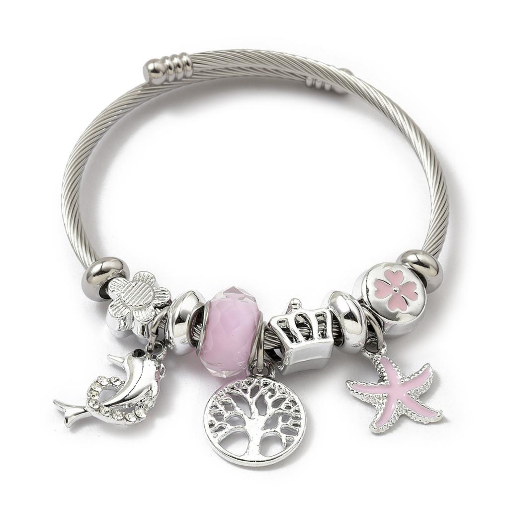Simple Fashion Stainless Steel Bracelet With Crystal Bead Pendant Unisex Jewelry