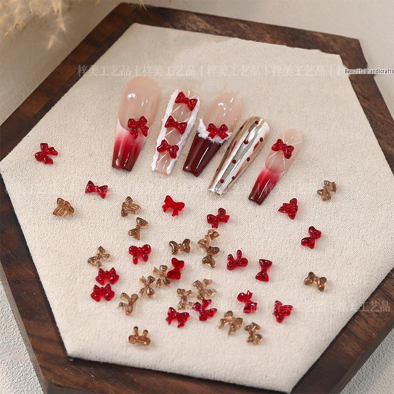 

Autumn/Winter Burgundy Ice Transparent Bow Cherry Nail Art Decoration