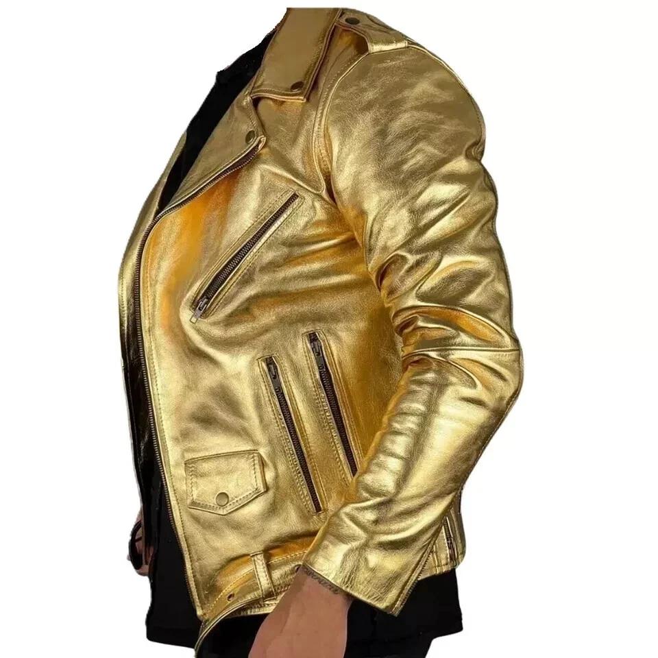 Motocyklová měkká pánská bunda Zlatá kůže Ručně šitá Pravá jehněčí kůže Stylová