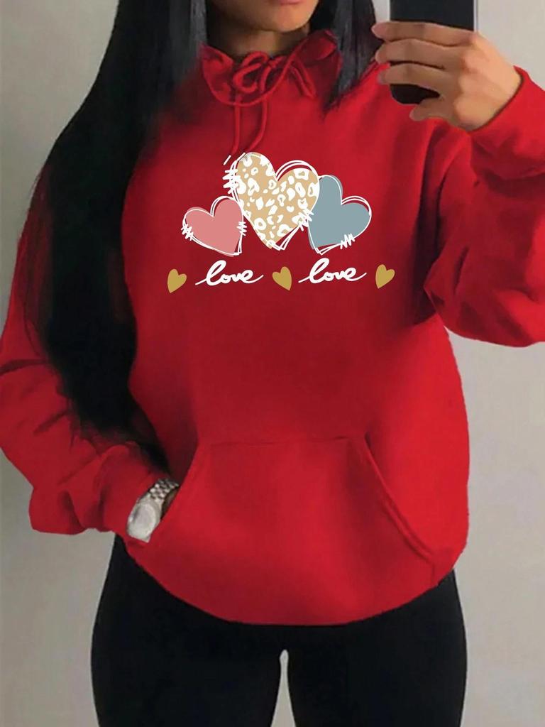 Women's Autumn Pink Leopard Heart Print Loose Hoodie with Pockets