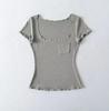 Pocket Square Neck Short Sleeve T-Shirt Women's Summer New American Spice Girl Solid Color Fungus Edge Slim Bottom Top