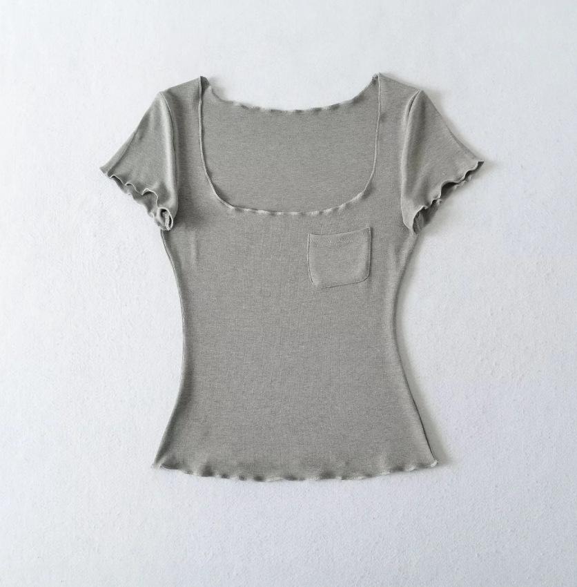 Pocket Square Neck Short Sleeve T-Shirt Women's Summer New American Spice Girl Solid Color Fungus Edge Slim Bottom Top