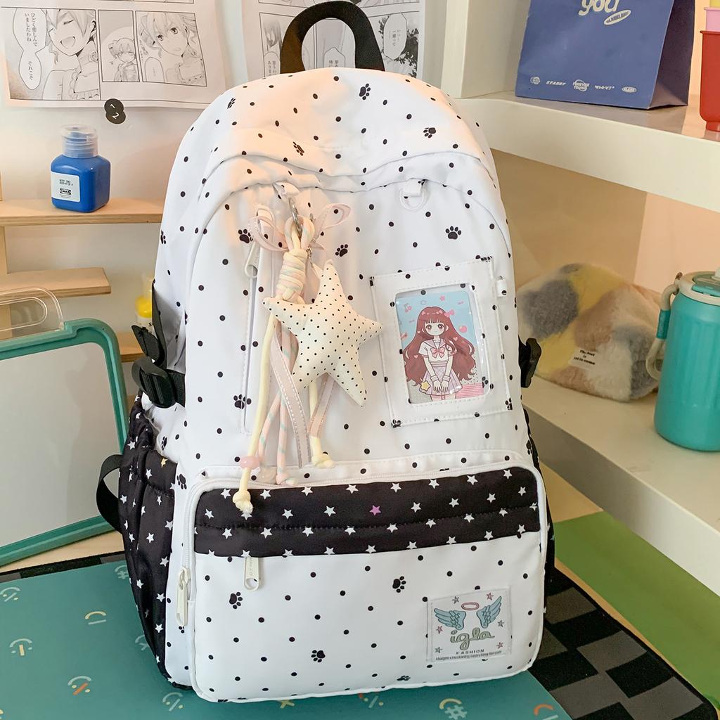 Schoolbag Girl Wind Snowflake Polka Dot Backpack Female Student Campus Cartoon Junior High School Student Large Capacity Daily School Bag Girl