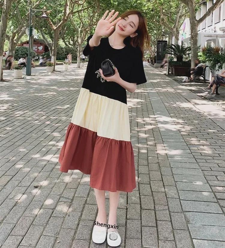 

Летнее однотонное платье с контрастной строчкой для женщин: Круглый вырез, Короткий рукав, Свободный крой, Большой размер, Подходит для беременных. M кирпич красный