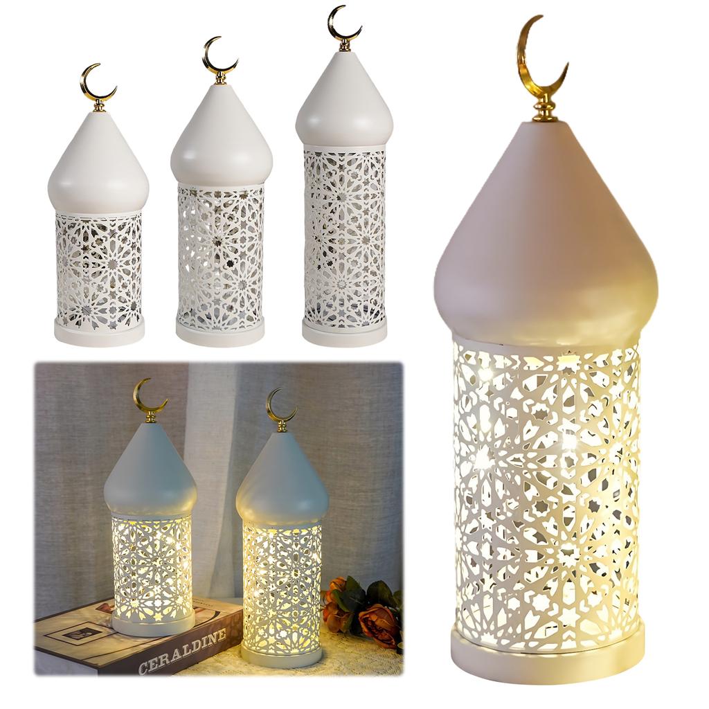 LED Decorative Atmosphere Lamp Warm Light Hollow Iron Lantern Battery Powered Candle Holder Tea Light for Living Room Shelf Desk