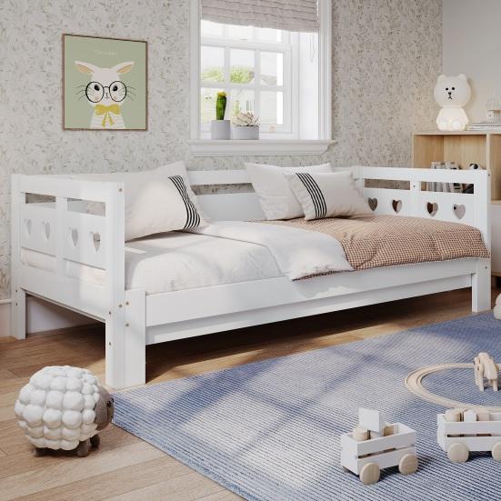 Daybed, Pull-Out Bed, 90 x 200cm, Solid Pine, with Second Sleeping Space And Roll-Up Slatted Frame, Heart-Shaped Bed,