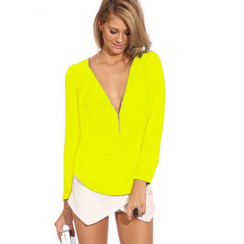 Elegant Women's Fashion Casual Autumn Blouse With V Neck And Long Sleeves Zipper Top