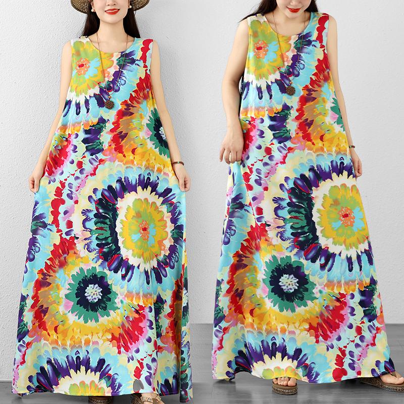 DIMANAF 2026 Women Plus Size Summer Beach Lady Long Dress Clothing Vest Sleeveless Vintage Loose Oversize Maxi Print Sundress