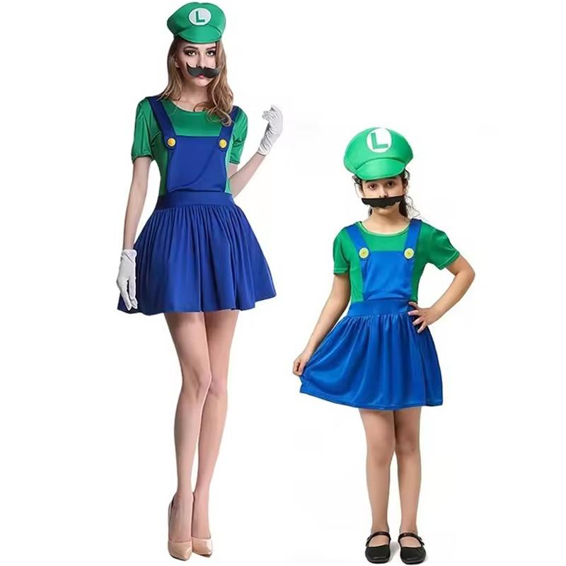 Anime Super Mario Bros Cosplay Costume Mario Luigi Costume Jumpsuit Hat Beard Sets Halloween Party Role Play Costumes For Unisex (As shown-27592)-Child S
