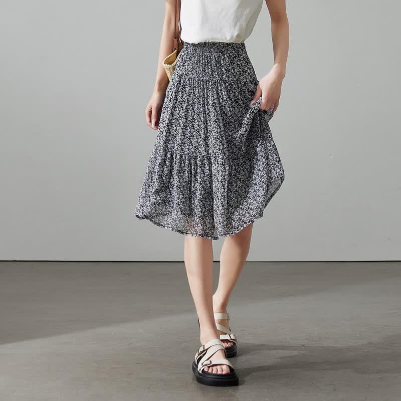 SOFSIL 2026 Summer Elegant Floral Black A-Line Midi Skirt