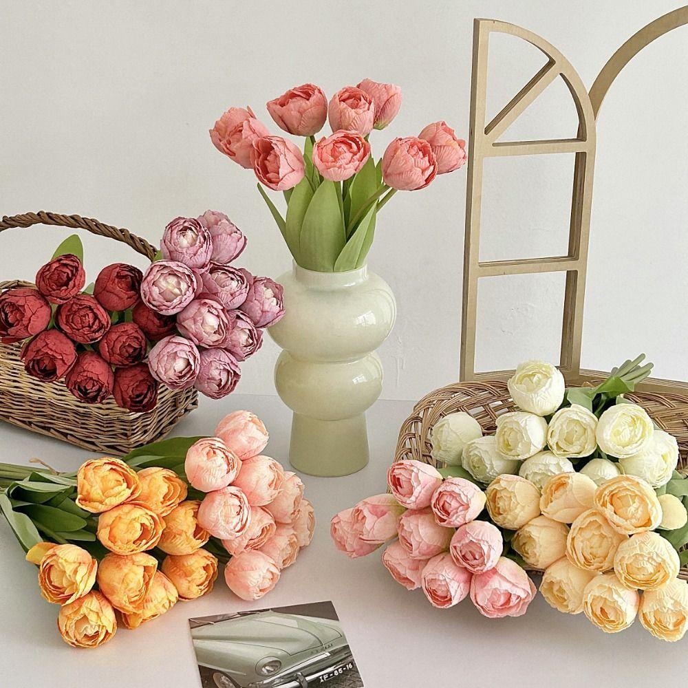 9pcs Real Touch Silk Tulip Flower Burnt Edge Fake Flowers Artificial Tulip Bouquet  Birthday Decor
