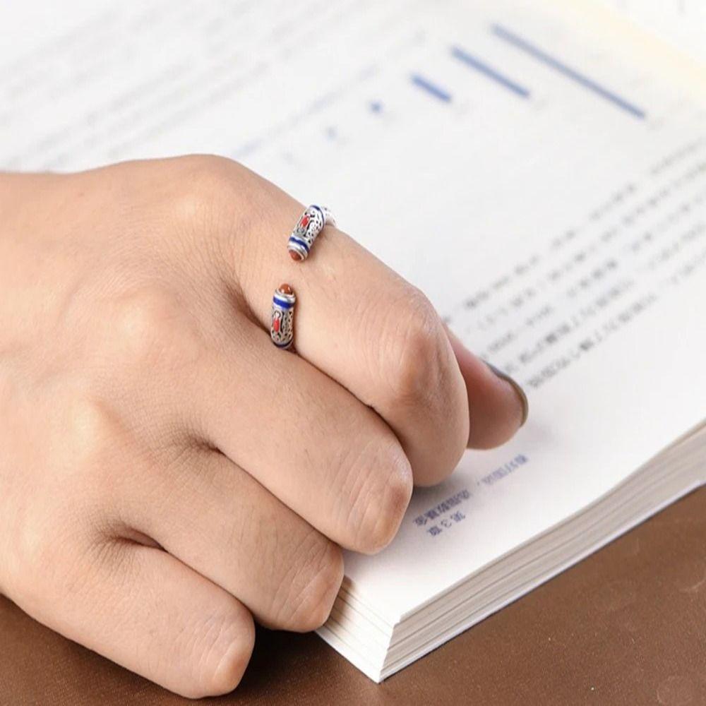 Heart Sutra Carving Ethnic Ancient Style Ring Flower Engraving Silver Color Open Rings Women