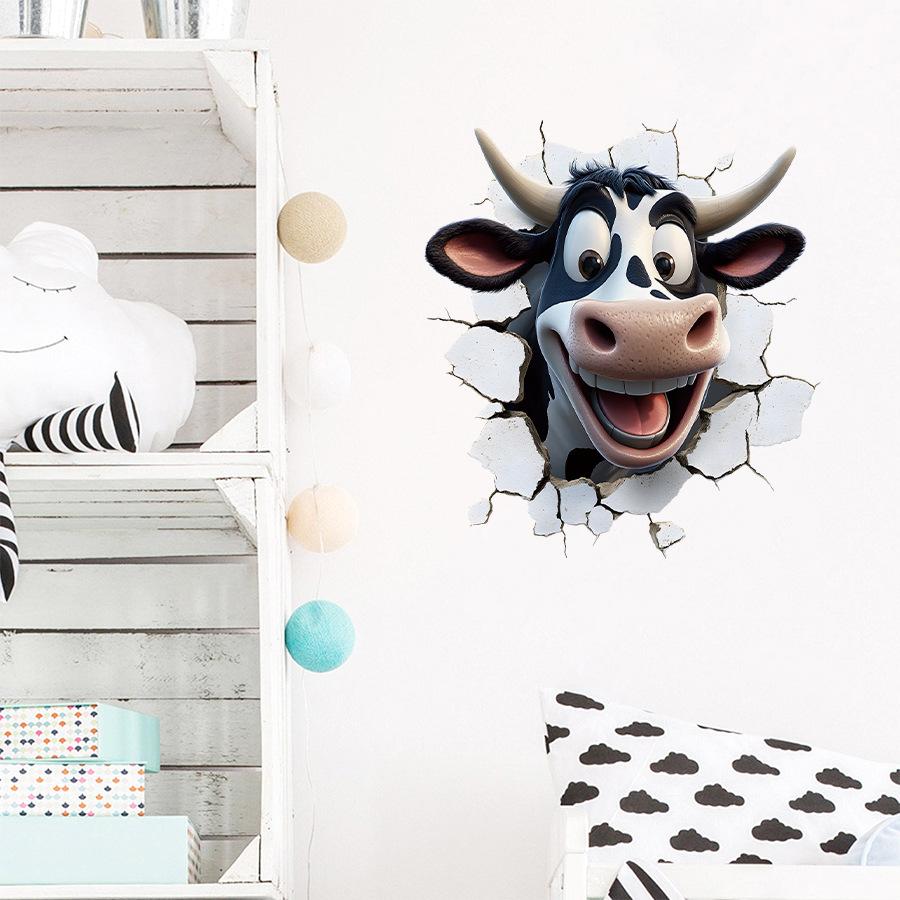 3D Cartoon Funny Cow Realistic Wall Stickers, Self-Adhesive Decor for Room Living Room Background Wall Decoration