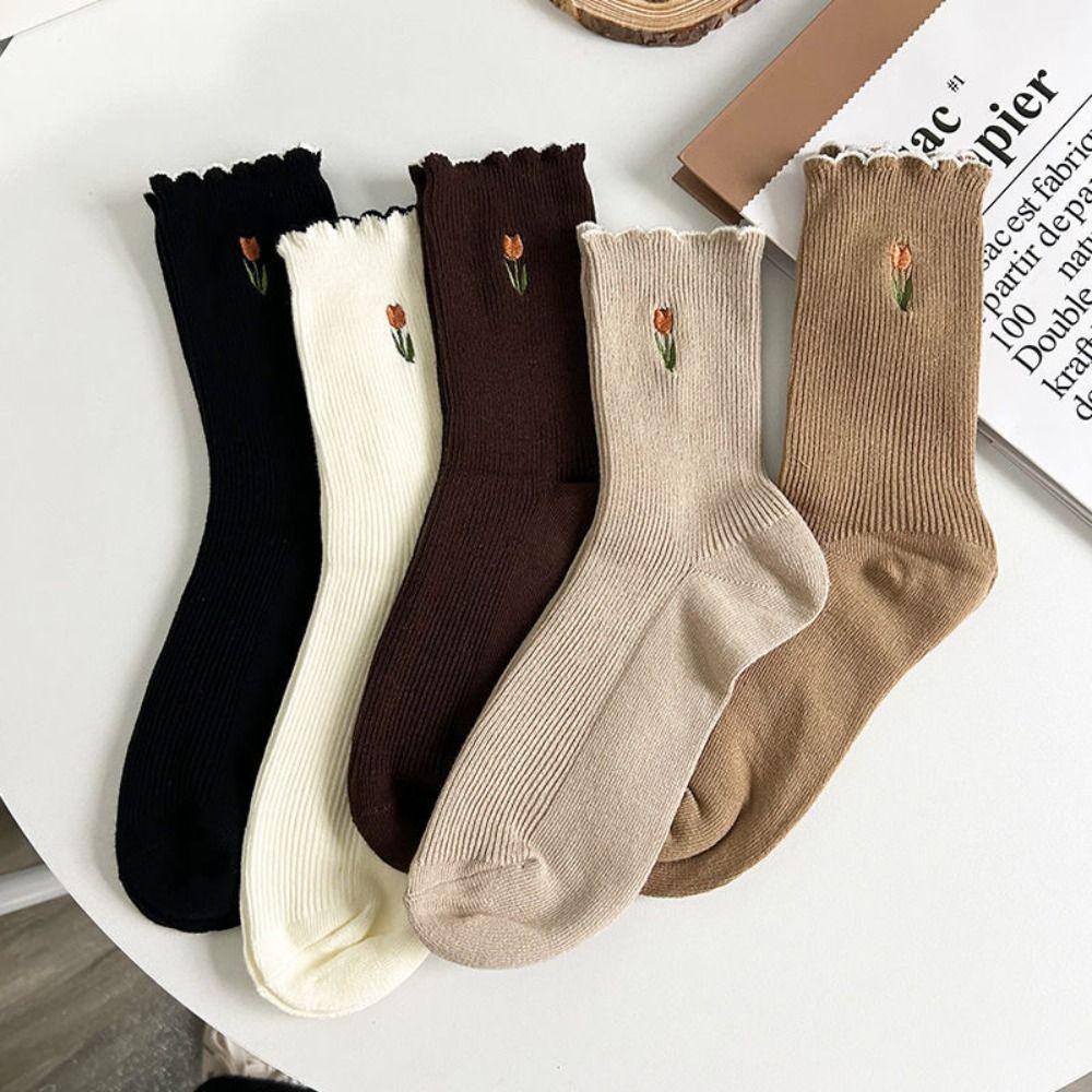 5pairs Crew Length Mid Tube Socks Tulip Floral Embroidery Ruffle Socking  Autumn Winter