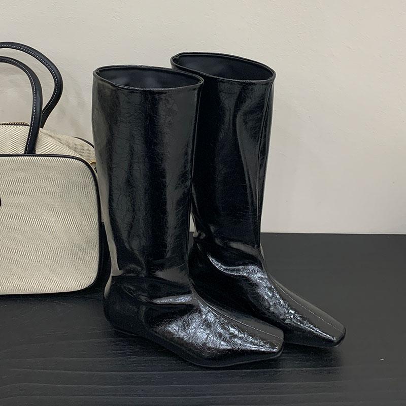 

Модные вечерние женские ботфорты до колена с каблуком 3 см, модные туфли с квадратным носком, женские ковбойские сапоги, женские туфли-слипоны 35 чёрный